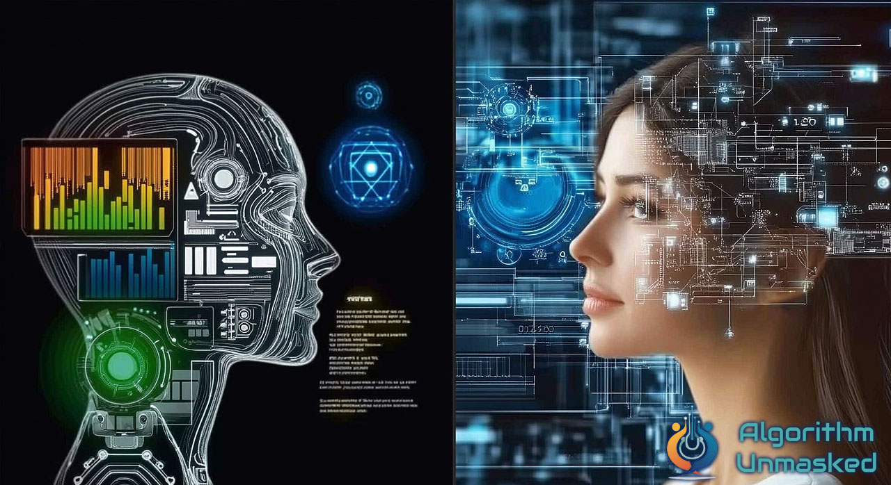 Split-screen illustration showing AI and human cognition: left side features a wireframe head profile filled with data visualizations, charts, and technical interfaces in green and blue; right side shows a woman's profile with digital circuit patterns and holographic displays overlaying her face, representing the intersection of human intelligence and artificial intelligence technology. Algorithm Unmasked logo appears in bottom right corner.