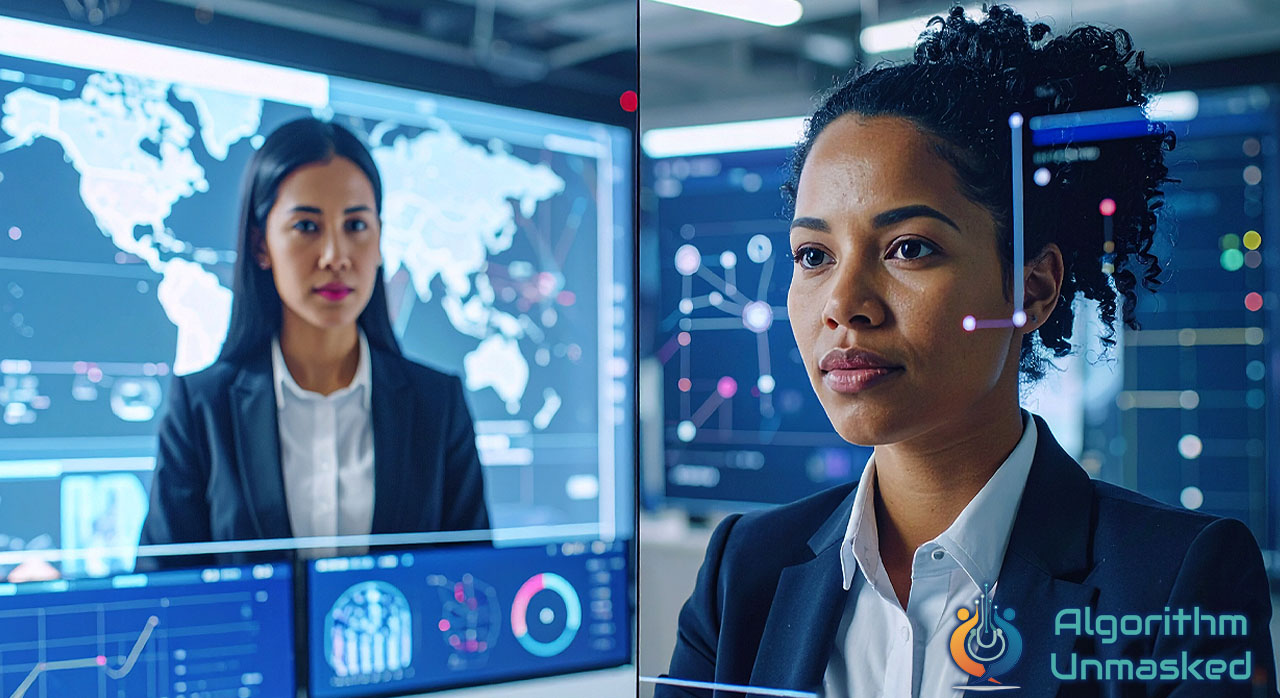 Two professional women in business suits stand in a modern tech environment with multiple digital screens displaying world maps, data visualizations, and network diagrams in the background. The woman in the foreground has curly dark hair and looks directly at the camera with a serious expression, while another woman is visible in the background. The scene emphasizes technological sophistication with blue lighting and data analytics displays. The Algorithm Unmasked logo appears in the bottom right corner.